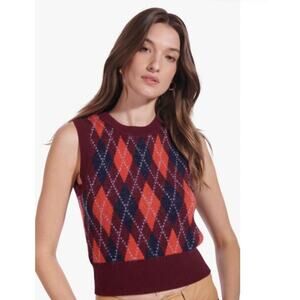 Staud Joker Crewneck Sweater Vest in Bordeaux Argyle, Size Small